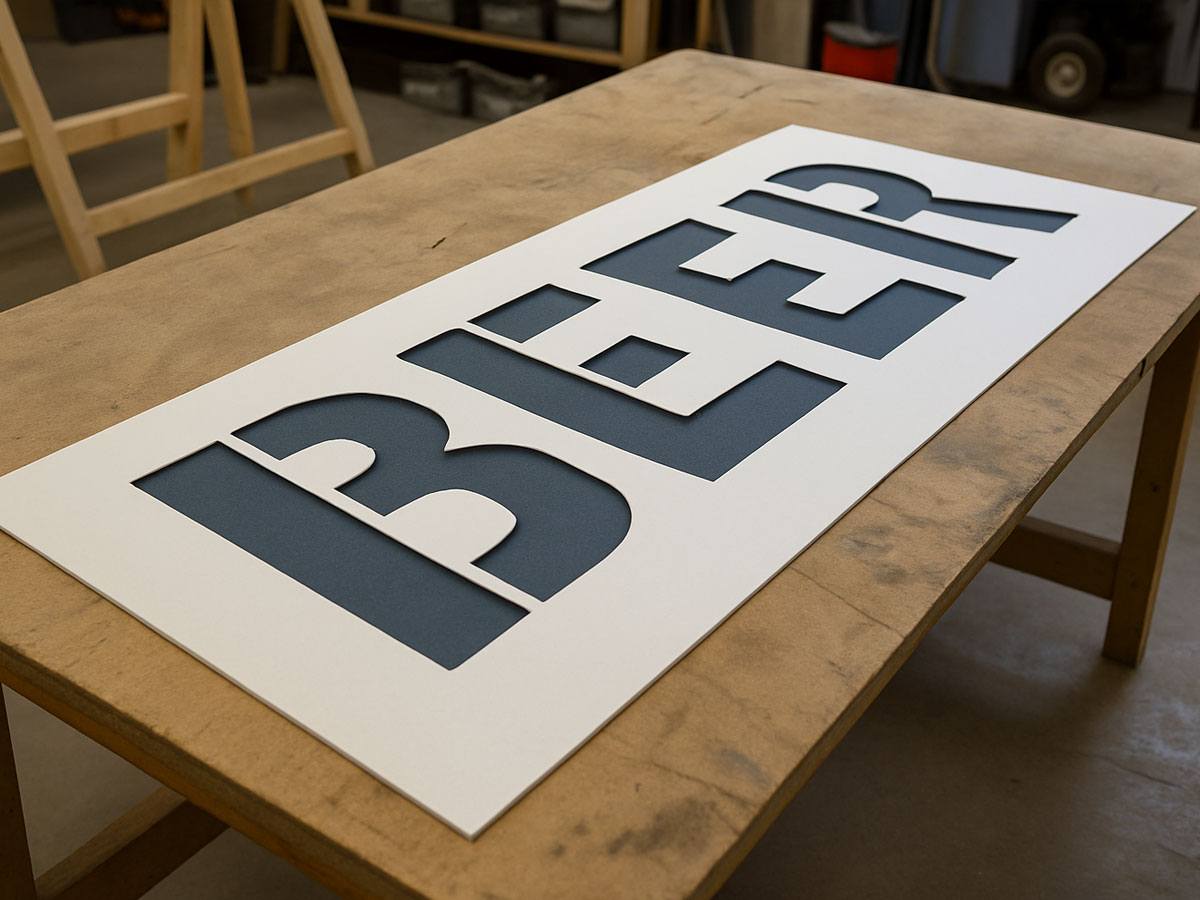 medium wieght stencil with the words beer cut out in a workshop